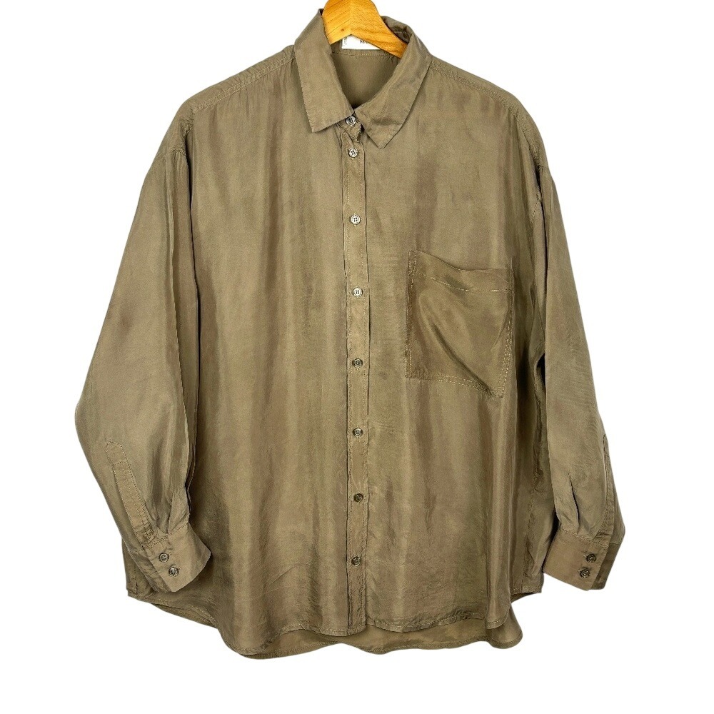 MNG Mango Women Long Sleeve 100% Silk Button Down Shirt Sz L Classic Luxe Career